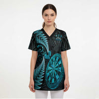 Personalised New Zealand Darts Scrub Top Happiness Is A Tight Threesome Maori Paua Shell - Polynesian Pride