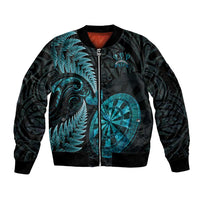 Personalised New Zealand Darts Sleeve Zip Bomber Jacket Happiness Is A Tight Threesome Maori Paua Shell