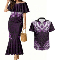 New Zealand Ta Moko Couples Matching Mermaid Dress and Hawaiian Shirt Aotearoa Maori Chest Tattoo Purple