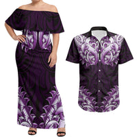 New Zealand Ta Moko Couples Matching Off Shoulder Maxi Dress and Hawaiian Shirt Aotearoa Maori Chest Tattoo Purple