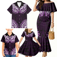 New Zealand Ta Moko Family Matching Mermaid Dress and Hawaiian Shirt Aotearoa Maori Chest Tattoo Purple