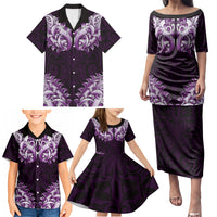 New Zealand Ta Moko Family Matching Puletasi and Hawaiian Shirt Aotearoa Maori Chest Tattoo Purple
