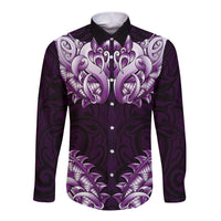 New Zealand Ta Moko Long Sleeve Button Shirt Aotearoa Maori Chest Tattoo Purple