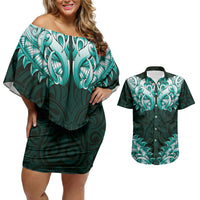 New Zealand Ta Moko Couples Matching Off Shoulder Short Dress and Hawaiian Shirt Aotearoa Maori Chest Tattoo Turquoise