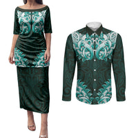 New Zealand Ta Moko Couples Matching Puletasi and Long Sleeve Button Shirt Aotearoa Maori Chest Tattoo Turquoise