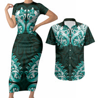 New Zealand Ta Moko Couples Matching Short Sleeve Bodycon Dress and Hawaiian Shirt Aotearoa Maori Chest Tattoo Turquoise