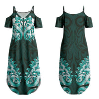 New Zealand Ta Moko Couples Matching Summer Maxi Dress and Hawaiian Shirt Aotearoa Maori Chest Tattoo Turquoise