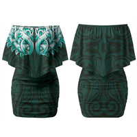 New Zealand Ta Moko Family Matching Off Shoulder Short Dress and Hawaiian Shirt Aotearoa Maori Chest Tattoo Turquoise