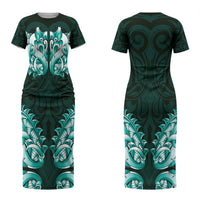 New Zealand Ta Moko Family Matching Short Sleeve Bodycon Dress and Hawaiian Shirt Aotearoa Maori Chest Tattoo Turquoise