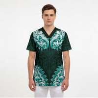 New Zealand Ta Moko Scrub Top Aotearoa Maori Chest Tattoo Turquoise
