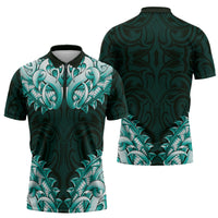 New Zealand Ta Moko Zipper Polo Shirt Aotearoa Maori Chest Tattoo Turquoise
