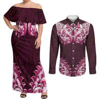 New Zealand Ta Moko Couples Matching Off Shoulder Maxi Dress and Long Sleeve Button Shirt Aotearoa Maori Chest Tattoo Pink