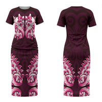 New Zealand Ta Moko Couples Matching Short Sleeve Bodycon Dress and Long Sleeve Button Shirt Aotearoa Maori Chest Tattoo Pink