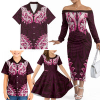 New Zealand Ta Moko Family Matching Off The Shoulder Long Sleeve Dress and Hawaiian Shirt Aotearoa Maori Chest Tattoo Pink