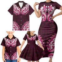 New Zealand Ta Moko Family Matching Short Sleeve Bodycon Dress and Hawaiian Shirt Aotearoa Maori Chest Tattoo Pink