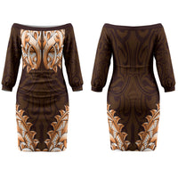 New Zealand Ta Moko Couples Matching Off The Shoulder Long Sleeve Dress and Long Sleeve Button Shirt Aotearoa Maori Chest Tattoo Orange