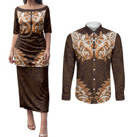 New Zealand Ta Moko Couples Matching Puletasi and Long Sleeve Button Shirt Aotearoa Maori Chest Tattoo Orange
