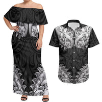 New Zealand Ta Moko Couples Matching Off Shoulder Maxi Dress and Hawaiian Shirt Aotearoa Maori Chest Tattoo Black