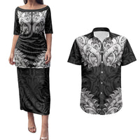 New Zealand Ta Moko Couples Matching Puletasi and Hawaiian Shirt Aotearoa Maori Chest Tattoo Black