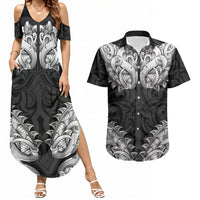 New Zealand Ta Moko Couples Matching Summer Maxi Dress and Hawaiian Shirt Aotearoa Maori Chest Tattoo Black