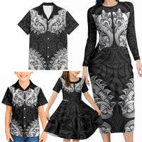 New Zealand Ta Moko Family Matching Long Sleeve Bodycon Dress and Hawaiian Shirt Aotearoa Maori Chest Tattoo Black