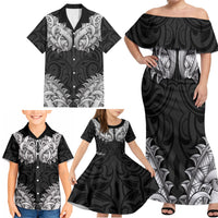 New Zealand Ta Moko Family Matching Off Shoulder Maxi Dress and Hawaiian Shirt Aotearoa Maori Chest Tattoo Black