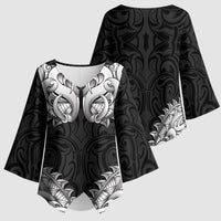 New Zealand Ta Moko Kimono Sleeve Blouse Aotearoa Maori Chest Tattoo Black