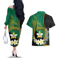 Personalised PNG Enga Provins Couples Matching Off The Shoulder Long Sleeve Dress and Hawaiian Shirt Papua New Guinea Plumeria Melanesian Pattern - Polynesian Pride