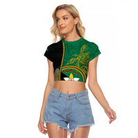Personalised PNG Enga Provins Raglan Cropped T Shirt Papua New Guinea Plumeria Melanesian Pattern LT14 Female Black - Polynesian Pride