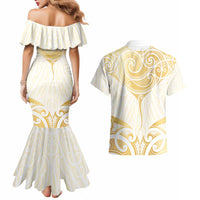 Gold White New Zealand Manta Ray Couples Matching Mermaid Dress and Hawaiian Shirt Aotearoa Maori Haehae - Polynesian Pride