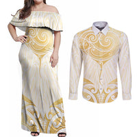 Gold White New Zealand Manta Ray Couples Matching Off Shoulder Maxi Dress and Long Sleeve Button Shirt Aotearoa Maori Haehae LT14 White - Polynesian Pride