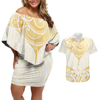 Gold White New Zealand Manta Ray Couples Matching Off Shoulder Short Dress and Hawaiian Shirt Aotearoa Maori Haehae - Polynesian Pride
