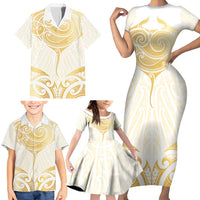 Gold White New Zealand Manta Ray Family Matching Short Sleeve Bodycon Dress and Hawaiian Shirt Aotearoa Maori Haehae - Polynesian Pride
