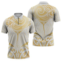 Gold White New Zealand Manta Ray Zipper Polo Shirt Aotearoa Maori Haehae - Polynesian Pride