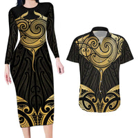 Gold Black New Zealand Manta Ray Couples Matching Long Sleeve Bodycon Dress and Hawaiian Shirt Aotearoa Maori Haehae - Polynesian Pride