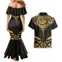 Gold Black New Zealand Manta Ray Couples Matching Mermaid Dress and Hawaiian Shirt Aotearoa Maori Haehae - Polynesian Pride