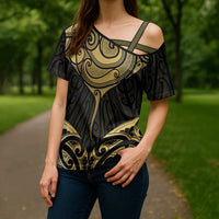 Gold Black New Zealand Manta Ray Cross Shoulder Shirt Aotearoa Maori Haehae LT14 - Polynesian Pride