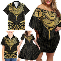 Gold Black New Zealand Manta Ray Family Matching Off Shoulder Short Dress and Hawaiian Shirt Aotearoa Maori Haehae LT14 - Polynesian Pride