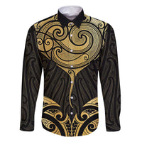Gold Black New Zealand Manta Ray Family Matching Off Shoulder Short Dress and Hawaiian Shirt Aotearoa Maori Haehae LT14 Dad's Shirt - Long Sleeve Black - Polynesian Pride