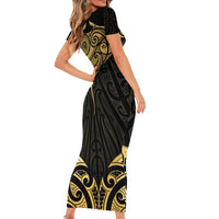 Gold Black New Zealand Manta Ray Family Matching Short Sleeve Bodycon Dress and Hawaiian Shirt Aotearoa Maori Haehae - Polynesian Pride