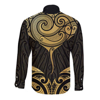 Gold Black New Zealand Manta Ray Long Sleeve Button Shirt Aotearoa Maori Haehae LT14 - Polynesian Pride