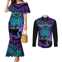 Suicide Awareness Your Story Is Not Over Yet Couples Matching Mermaid Dress and Long Sleeve Button Shirts Polynesian Butterfly Tattoo LT14 Purple - Polynesian Pride