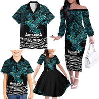 New Zealand Sulphur-crested Cockatoo Family Matching Off The Shoulder Long Sleeve Dress and Hawaiian Shirt Aotearoa Maori Mix Paua Shell