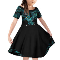 New Zealand Sulphur-crested Cockatoo Family Matching Off Shoulder Short Dress and Hawaiian Shirt Aotearoa Maori Mix Paua Shell LT14 Daughter's Dress Turquoise - Polynesian Pride
