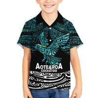 New Zealand Sulphur-crested Cockatoo Family Matching Off Shoulder Short Dress and Hawaiian Shirt Aotearoa Maori Mix Paua Shell LT14 Son's Shirt Turquoise - Polynesian Pride