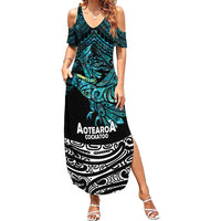 New Zealand Sulphur-crested Cockatoo Family Matching Summer Maxi Dress and Hawaiian Shirt Aotearoa Maori Mix Paua Shell LT14 Mom's Dress Turquoise - Polynesian Pride