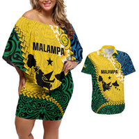 Malampa Province Couples Matching Off Shoulder Short Dress and Hawaiian Shirt Vanuatu Map - Plumeria Flag Color