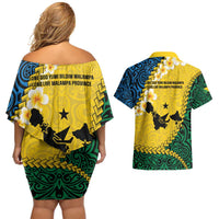 Malampa Province Couples Matching Off Shoulder Short Dress and Hawaiian Shirt Vanuatu Map - Plumeria Flag Color