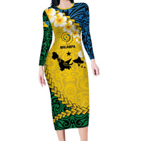 Malampa Province Long Sleeve Bodycon Dress Vanuatu Map - Plumeria Flag Color LT14 Long Dress Yellow - Polynesian Pride