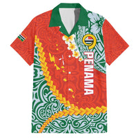 Penama Province Family Matching Off The Shoulder Long Sleeve Dress and Hawaiian Shirt Vanuatu Map - Plumeria Flag Color